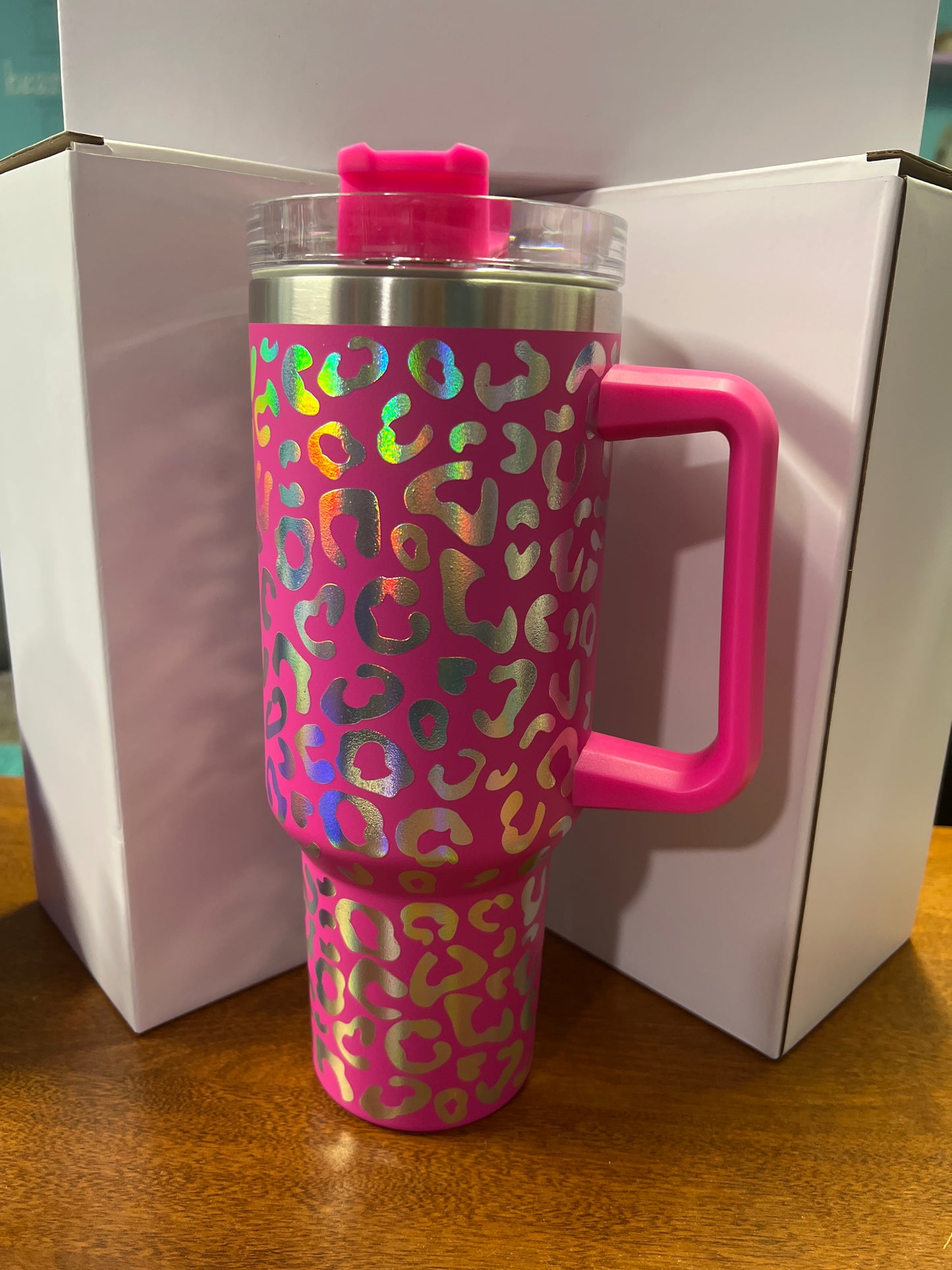 40 oz Stainless steel leopard holographic tumbler