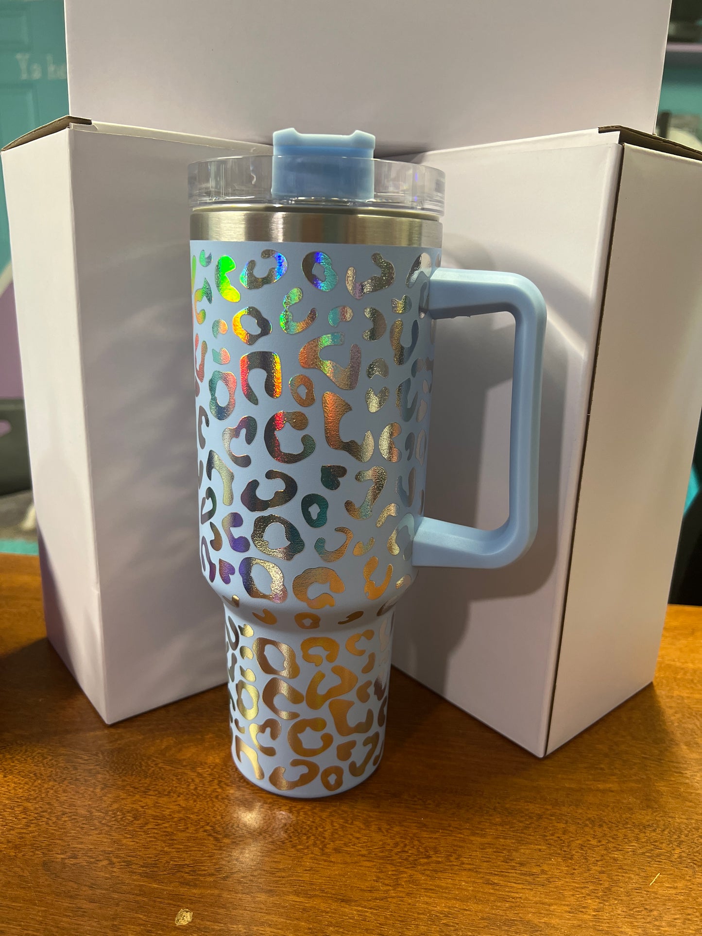 40 oz Stainless steel leopard holographic tumbler