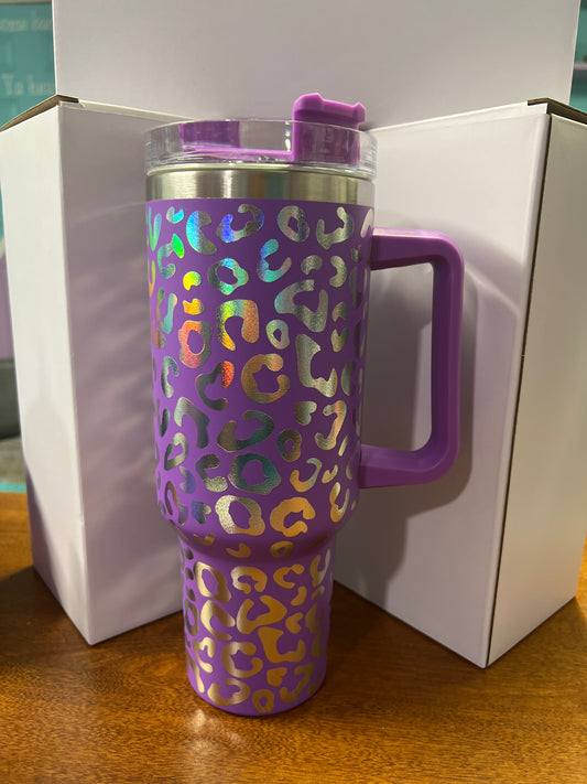 40 oz Stainless steel leopard holographic tumbler