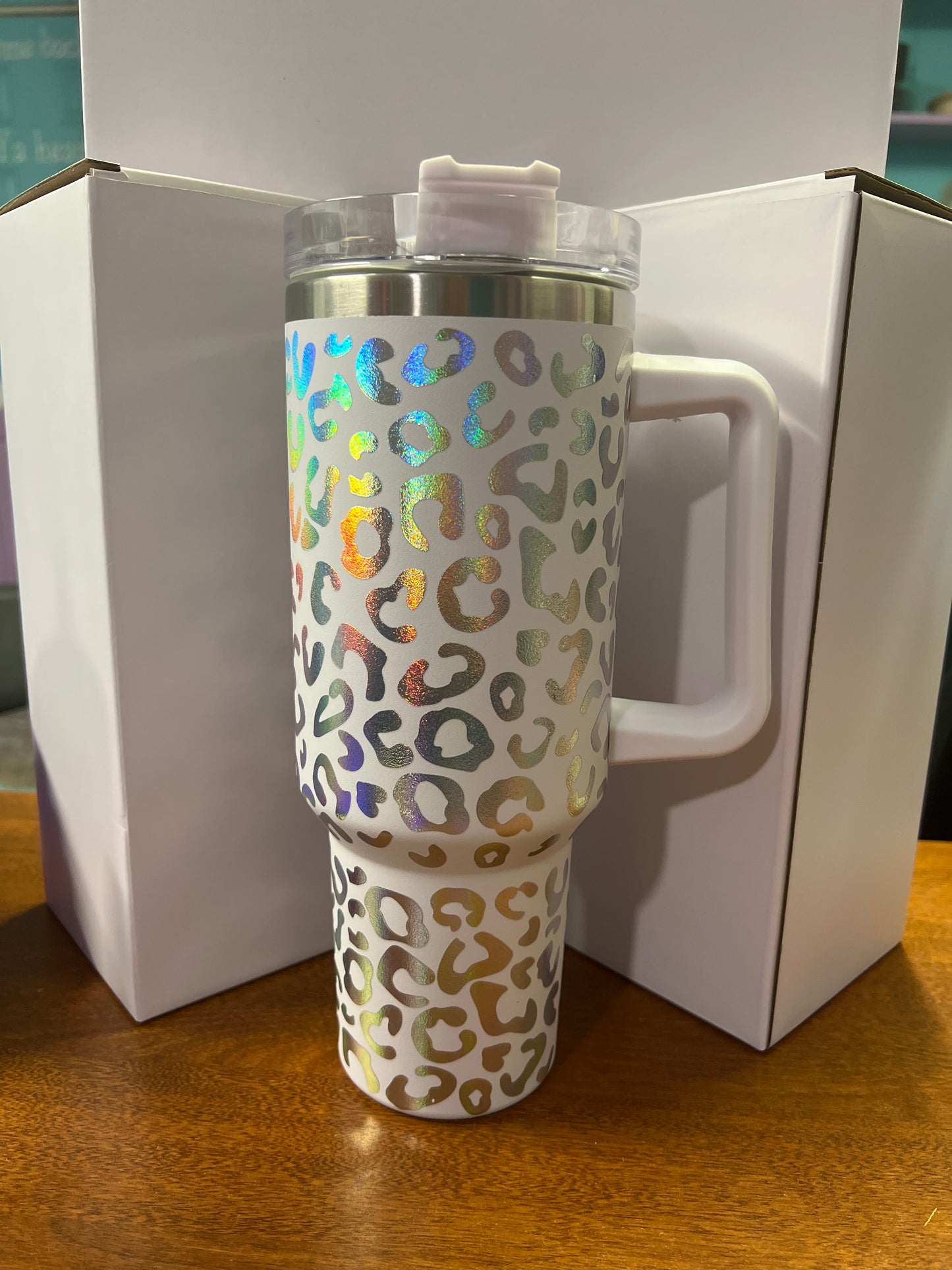 40 oz Stainless steel leopard holographic tumbler