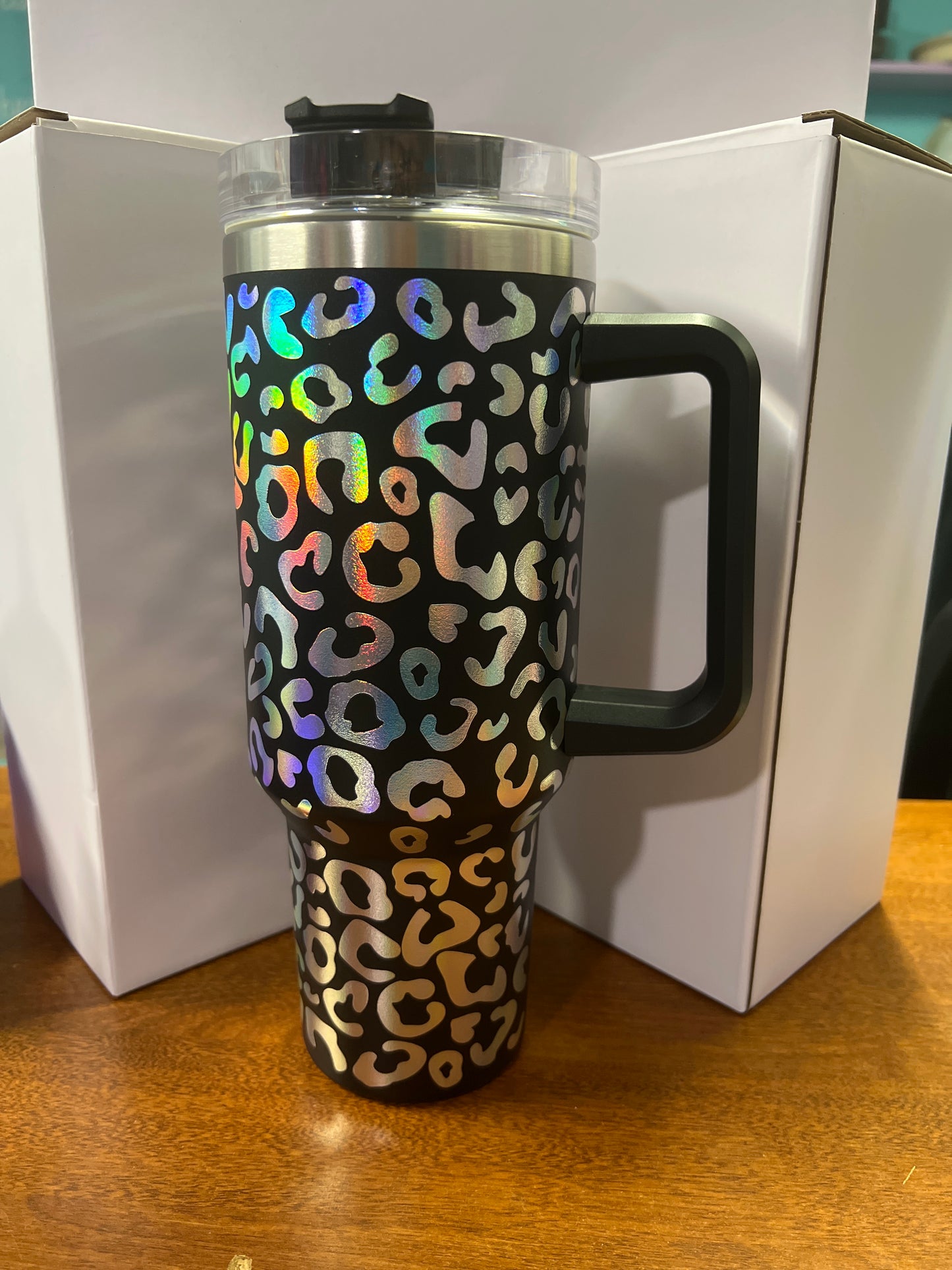 40 oz Stainless steel leopard holographic tumbler